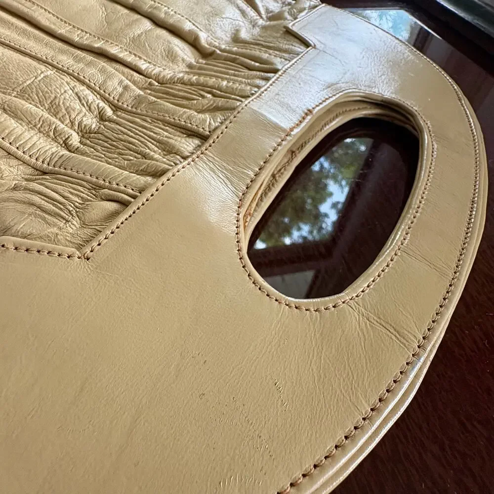 Vintage Cream Leather Pleated Slouch Cutout Handle Purse